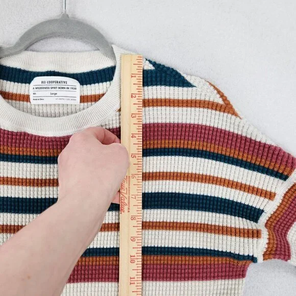 REI Sweater Women Large White Blue Striped Waffle Knit Pullover Cotton Crew Neck - Picture 5 of 12
